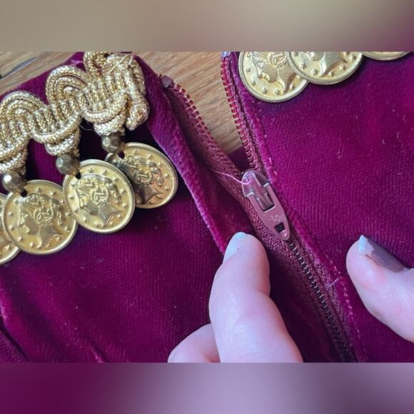 Late 60s Early 70s Burgundy Red Velvet Mini Dress with Coin Collar - Picture 4 of 9